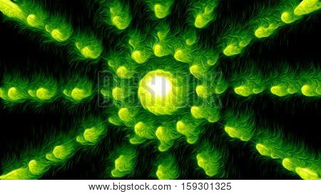 Abstract background with green colorful oil particles. Glowing background