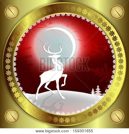 Christmas red background with Golden round frame with snowflakes inside a deer with a raised paw against the bright moon