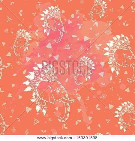 Elephant head with american indian chief headdress pattern. Print for clothes, cards, picture banner for websites. Ethnic Indian ornaments.