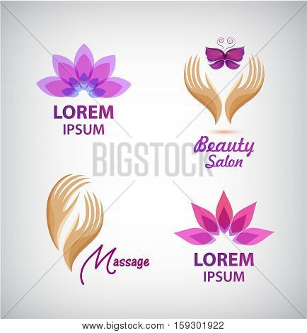 Vector set of spa logos. Lotus, massage, hands with butterfly salon icons, signs. Illustration