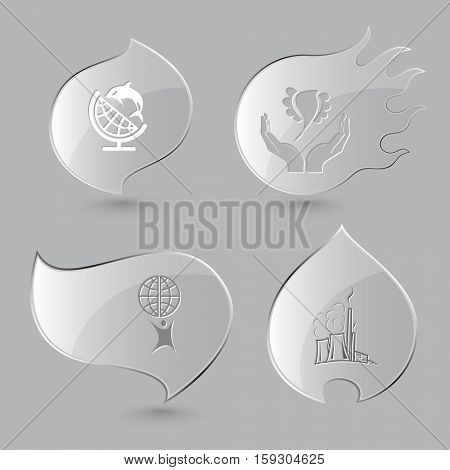 4 images: globe and shamoo, bird in hands, little man, thermal power engineering. Ecology set. Glass buttons on gray background. Fire theme. Vector icons.