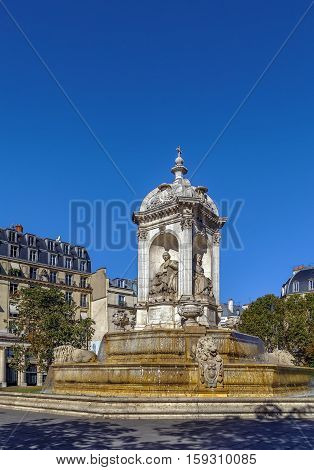 The Fountain Saint-Sulpice is a monumental fountain located in Paris. It was constructed between 1843 and 1848 by the architect Louis Visconti who also designed the tomb of Napoleon.