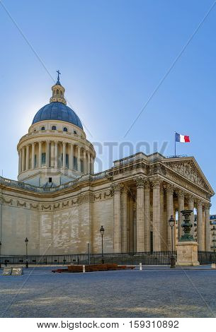 Pantheon in Paris France. It is an early example of neoclassicism with a facade modeled on the Pantheon in Rome