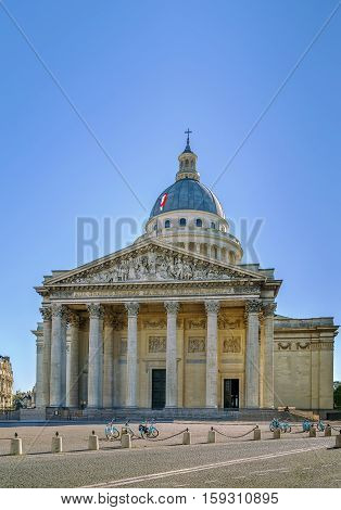 Pantheon in Paris France. It is an early example of neoclassicism with a facade modeled on the Pantheon in Rome