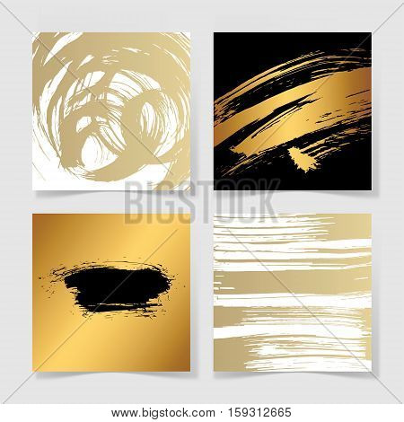 set of four black white and gold ink brushes grunge square pattern, hand drawing background collection for your design, brush strokes element vector illustration