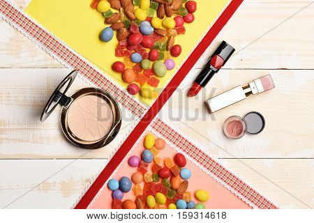 Children`s Cosmetic On Wooden Background