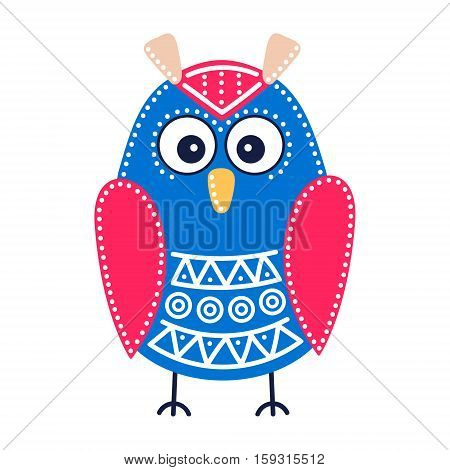Cute blue owl. Vector hand drawn flat bird with white ornament. Bright color owl for your design. Isolated. On white background.