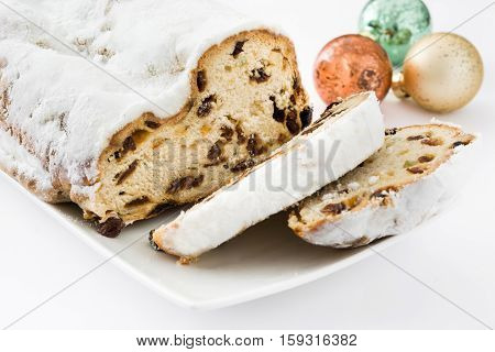 Christmas stollen. Traditional German Christmas dessert. isolated on white background