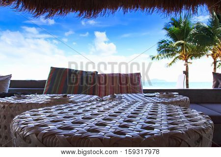 Closed up table Beach living on Sea viewvacation home and travel concept - sea view from balcony of restaurant or home or hotel room