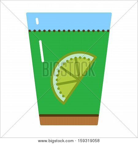 Glass with fresh lemon and green liquid. Cup with herbal tea. Vector flat icon. Illustration isolated on white background. Flat style.