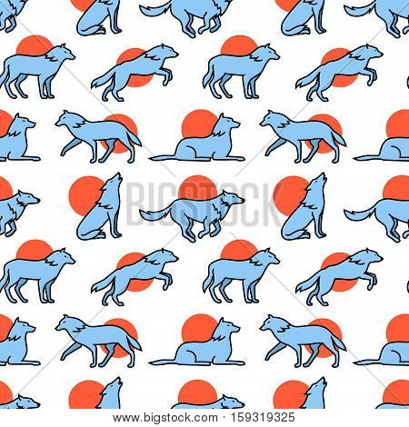 Wolves hauling at the full moon, jumping and running icons square seamless pattern. For store sales decoration. Thin line art flat objects texture illustration.