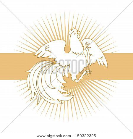 2017, the Year of the Fire Rooster in Chinese Horoscope. Gold and white, symbol of new year. Fire element. Hand drawn sketchy cartoon clip-art, illustration