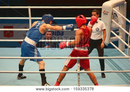 St. Petersburg Russia November 21 2016 AIBA Youth World Boxing Championships men heavy 81 kg. Boxing match between: RED- Tursunov C. Uzbekistan BLUE -Nurdauletov B. Kazakhstan