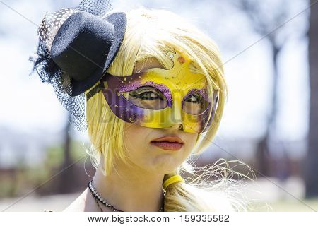 CAGLIARI, ITALY - May 29, 2016: Sunday at La Grande Jatte VIII Ed. At the Public Gardens - Sardinia - portrait of a beautiful girl in Victorian costumes