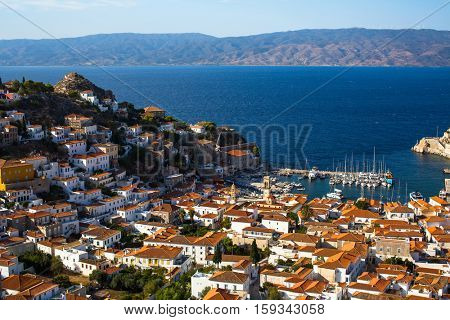 Panoramic top view of Hydra island in the Aegean sea, Greece.