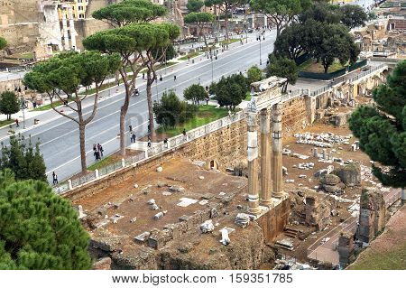 Ancient Ruins of Imperial Forum in Rome, via dei Fori Imperiali