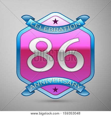 Eighty six years anniversary celebration silver logo with blue ribbon and purple hexagonal ornament on grey background.