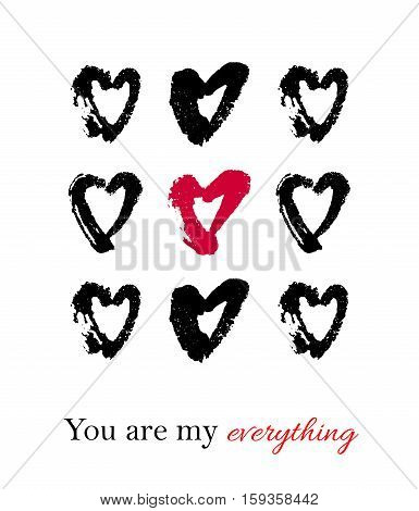 Vector hand drawn ink illustration with hearts. Greeting card with You are my everything text. Doodles.
