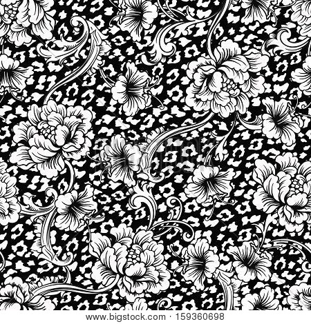 Eclectic fabric seamless pattern. Animal background with baroque ornament. Vector illustration