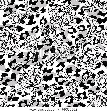 Eclectic fabric seamless pattern. Animal background with baroque ornament. Vector illustration