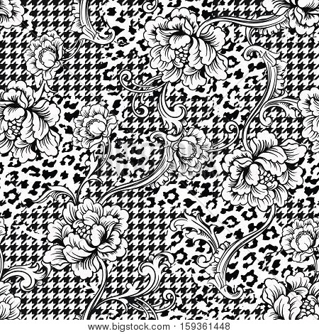 Eclectic fabric seamless pattern. Animal and plaid background with baroque ornament. Vector illustration
