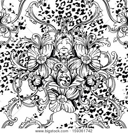 Eclectic fabric seamless pattern. Animal background with baroque ornament. Vector illustration