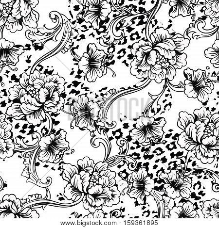 Eclectic fabric seamless pattern. Animal background with baroque ornament. Vector illustration