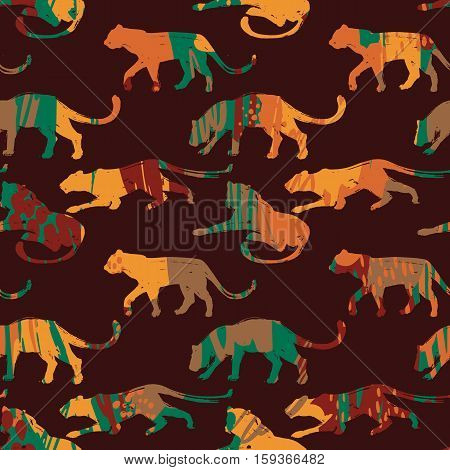 Seamless exotic pattern with abstract silhouettes of animals. Vector hand draw illustration.