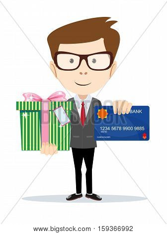 businessman with a credit card and gift. Stock vector illustration