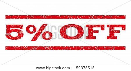 5 Percent Off watermark stamp. Text tag between horizontal parallel lines with grunge design style. Rubber seal red stamp with unclean texture. Vector ink imprint on a white background.