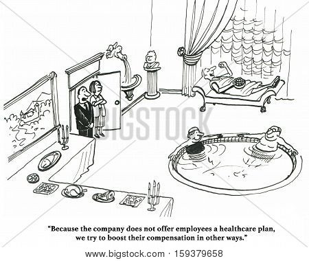 Black and white health cartoon about a small business that cannot afford health insurance for employees.