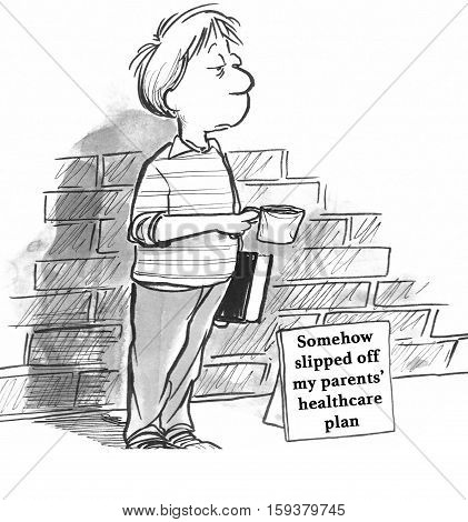 Black and white health illustration about a boy begging for money to pay for health insurance.