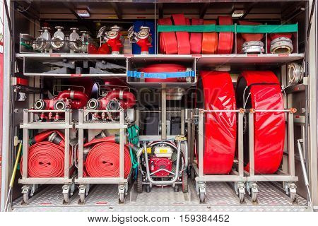 Fire truck interior with fire fighting equipment