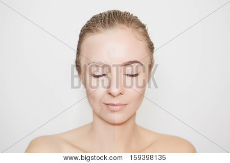 halves of old and young woman face with closed eyes