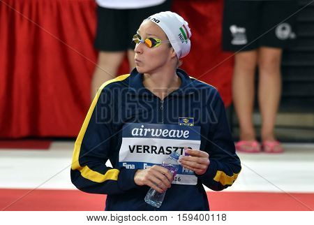 Hong Kong China - Oct 29 2016. Olympian swimmer Evelyn VERRASZTO (HUN) at the start in Women's Freestyle 200m Final. FINA Swimming World Cup Finals Victoria Park Swimming Pool.