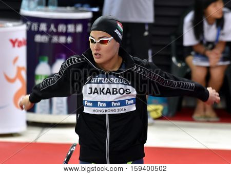 Hong Kong China - Oct 29 2016. Olympian swimmer Zsuzsanna JAKABOS (HUN) at the start in Women's Freestyle 200m Final. FINA Swimming World Cup Finals Victoria Park Swimming Pool.