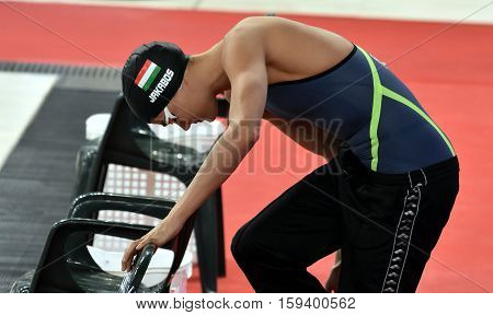 Hong Kong China - Oct 29 2016. Olympian swimmer Zsuzsanna JAKABOS (HUN) at the start in Women's Freestyle 200m Final. FINA Swimming World Cup Finals Victoria Park Swimming Pool.