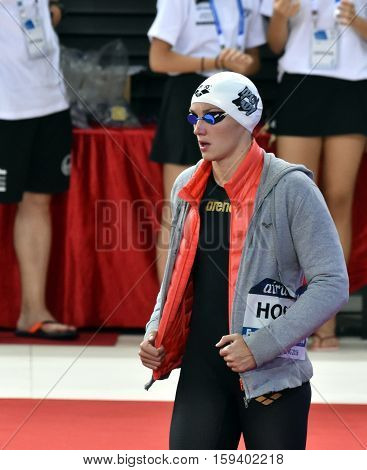 Hong Kong China - Oct 29 2016. Olympic world and European champion World record holder swimmer Katinka HOSSZU (HUN) at the start in Women's Butterfly 100m Final. FINA Swimming World Cup Finals.