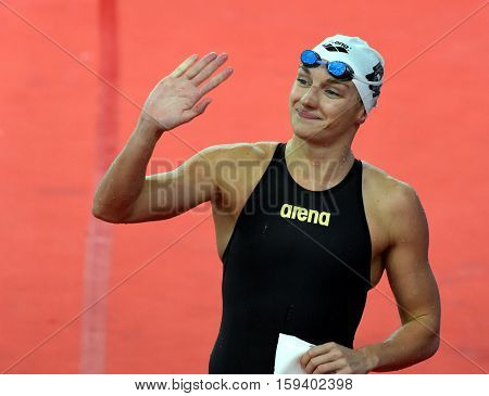 Hong Kong China - Oct 29 2016. Olympic world and European champion World record holder swimmer Katinka HOSSZU (HUN) after the Women's Butterfly 100m Final. FINA Swimming World Cup Finals.