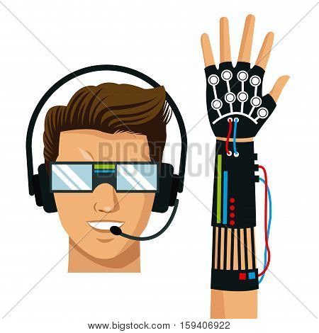 man wear vr reality glasses wired glove fiction vector illustration eps 10