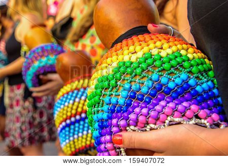 Colorful, juicy and bright big percussions in the street at sunny day at Leme, Rio de Janeiro, Brazil