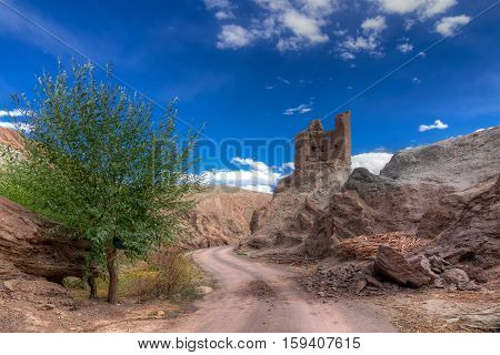Ruins and Basgo Monastery surrounded with stones and rocks Leh Ladakh Jammu and Kashmir India