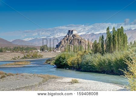 Stakna monastery with view of Himalayan mountians - it is a famous Buddhist temple inLeh Ladakh Jammu and Kashmir India.