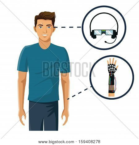 man gamer vr headset reality and wired glove vector illustration eps 10