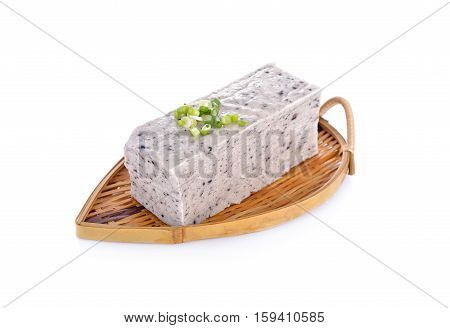 tofu mix black sesame seeds on bamboo plate with white background