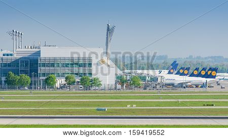 Munich Germany - May 6 2016: Munich Airport serves as the secondary hub for Lufthansa including Lufthansa Regional and its Star Alliance partners.