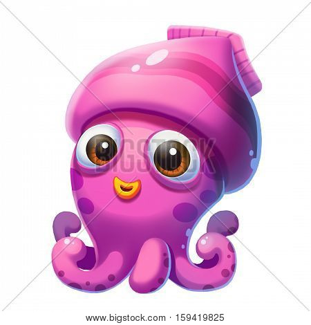 Little Squid in the Sea isolated on White Background! Video Game's Digital CG Artwork, Concept Illustration, Realistic Cartoon Style Background and Character Design