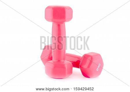 Two plastic coated dumbells isolated on white background.