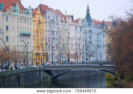 Panorama of an old Prague, bridges and embankment of Vitava river, Czechia