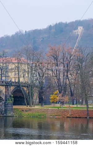 Panorama of an old Prague, bridges and embankment of Vitava river, Czechia
